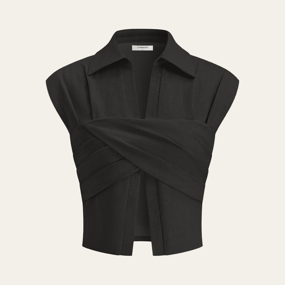 Commense Black Cotton Linen Wrap Top